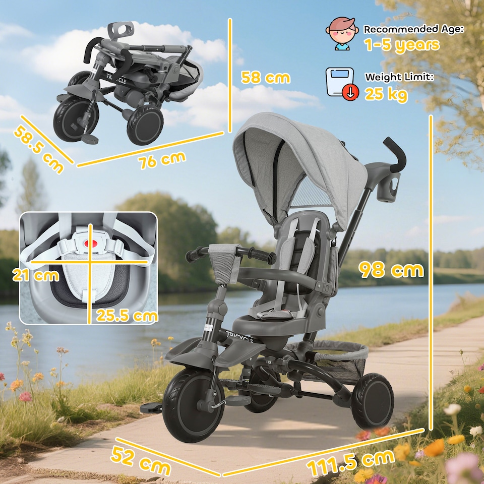 image 1 of AIYAPLAY Kids Trike, Toddler Tricycle 6 in 1 Foldable Baby Trike with Adjustable Parent Handle & Canopy, Convertible Seat, 5-Point Harness, Storage Basket & Bag for Ages 1-5 Years, Grey