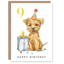 Cute Terrier Puppy Party Hat Kids Age 9 Year Old Child Kids 9th Birthday Card