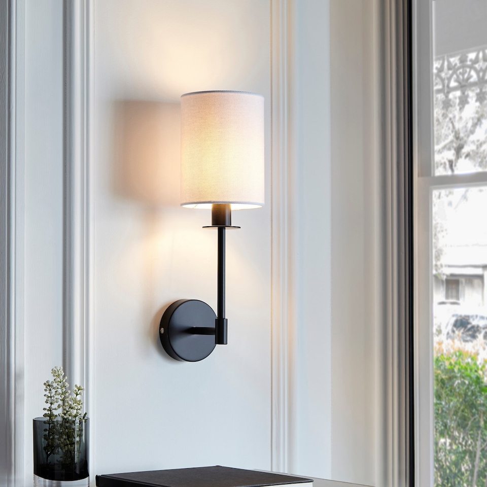 image 1 of Sancerre Wall Lamp with Shade Matt Black, Vintage White Fabric, 1x E14