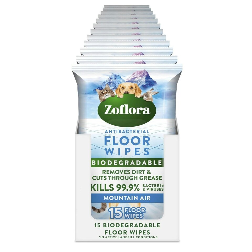 Zoflora Mountain Air Floor Wipes, 12 Pack x 15 Pack, Antibacterial & Multi-Surface Floor Cleaning, Removes Dirt & Odours, Kills 99.9% of Bacteria & Viruses.