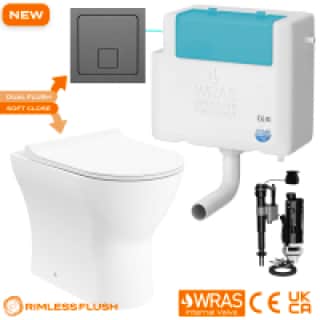 Bathrooms Rimless Back to Wall Toilet Set with Soft Close Seat & Gunmetal Square Flush Plate