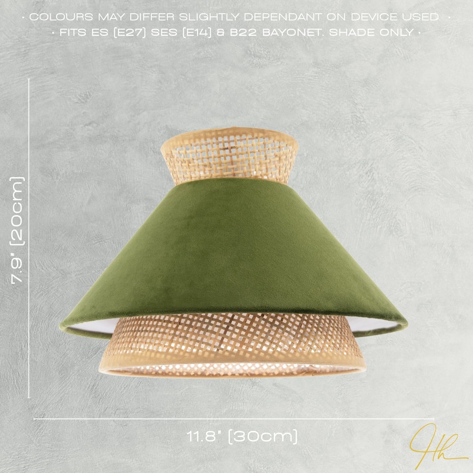 image 1 of Designer Dark Olive Velvet and Natural Rattan Pendant Lighting Shade | Green | Olive Green | 1
