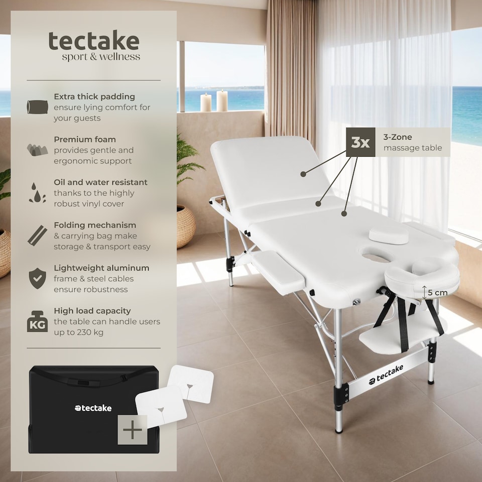 image 1 of Massage Table Phuket - 3 zones, 70 cm wide, aluminium frame, carry bag and masks | White | white | 1