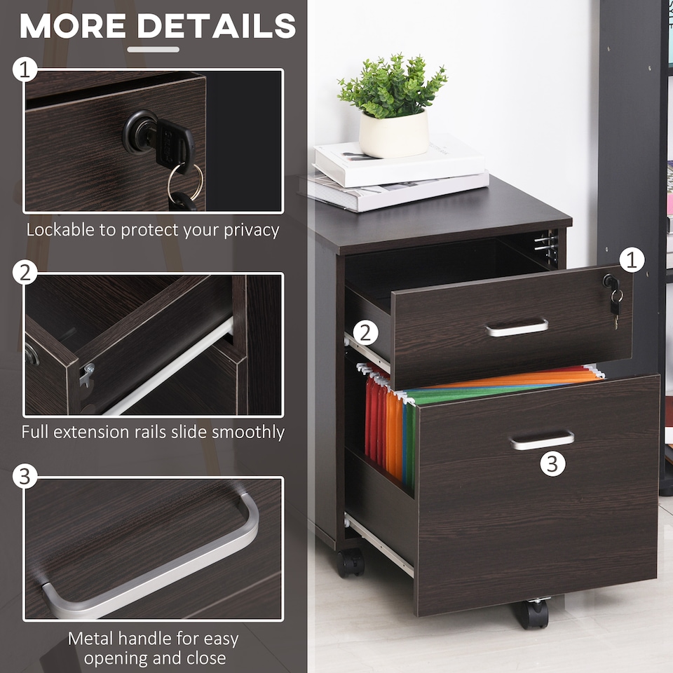 image 1 of Vinsetto 2-Drawer Locking Office Filing Cabinet 5 Wheels Rolling Storage Black