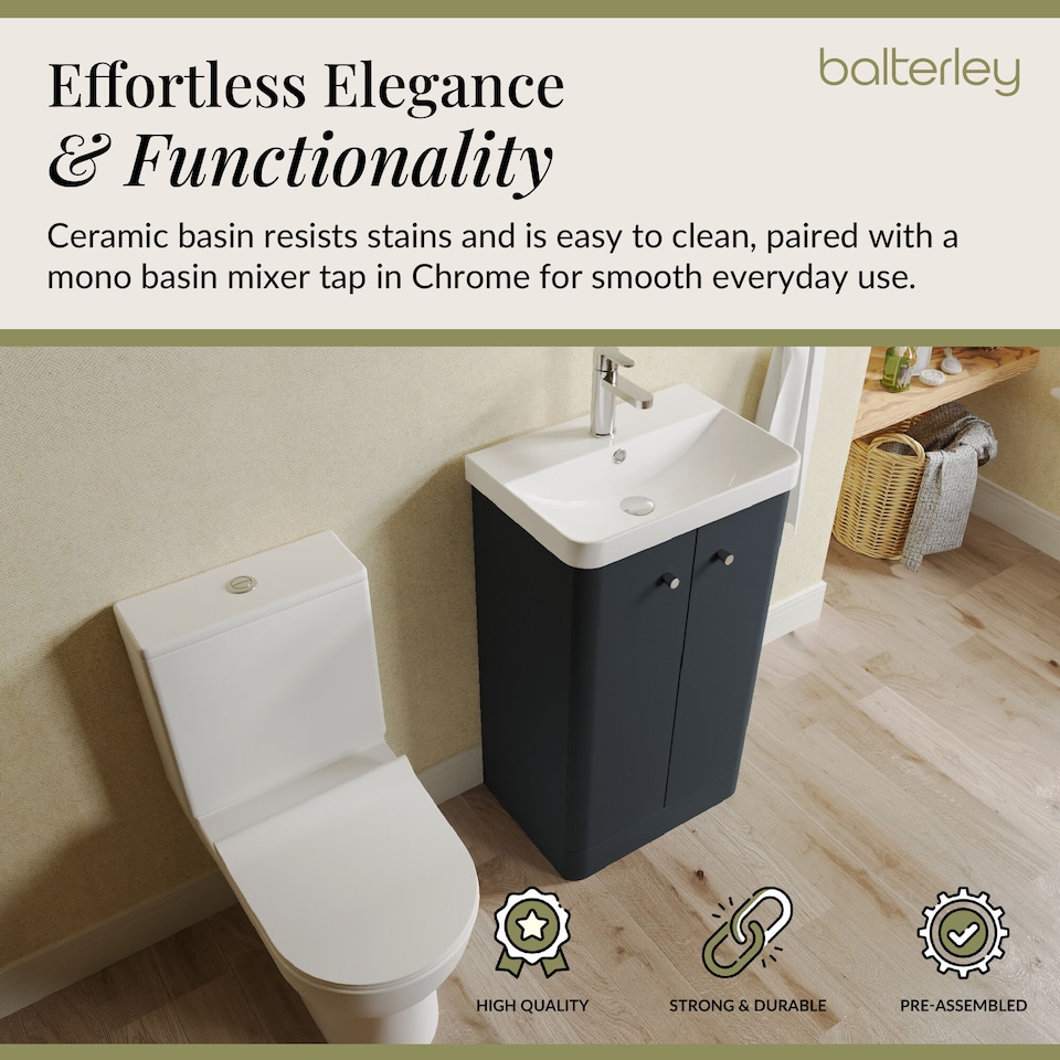 image 1 of Balterley Contemporary Floor Standing 2 Door Bathroom Vanity Unit, Basin, Tap & Toilet Pack | Grey | Satin Soft Black | 814 x 479 x 342mm