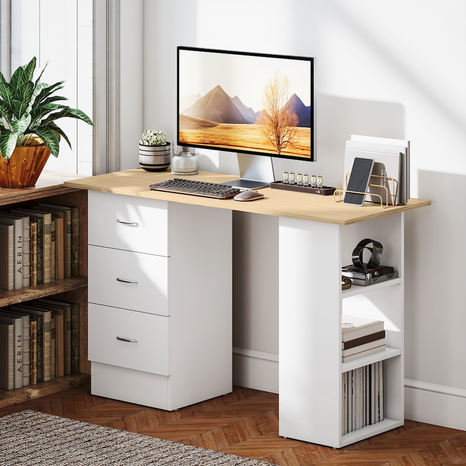 image 1 of HOMCOM Computer Desk, Writing Table, PC Workstation with 3 Storage Shelves and Drawers, Silver Handle, for Home Office, Natural Wood Finish and White | Brown