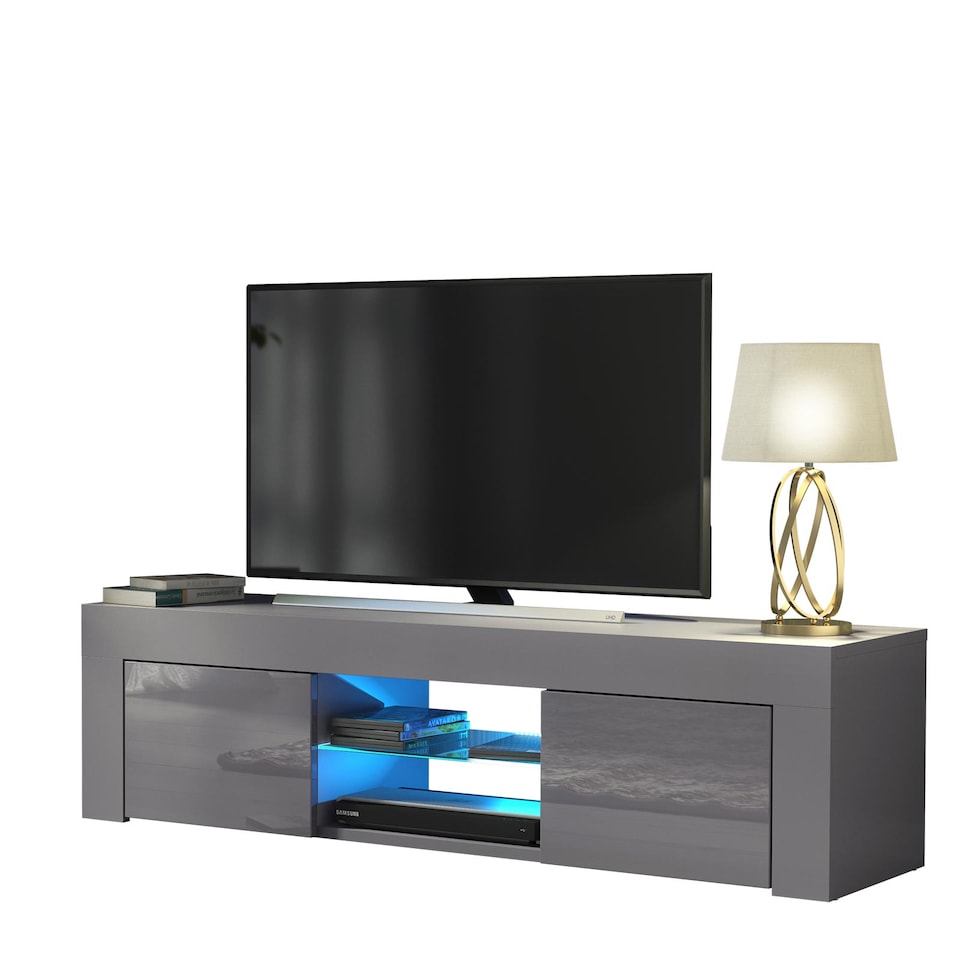 image 1 of TV Unit TV Stand Cabinet Sideboard Grey High Gloss Doors Free LED 130cm