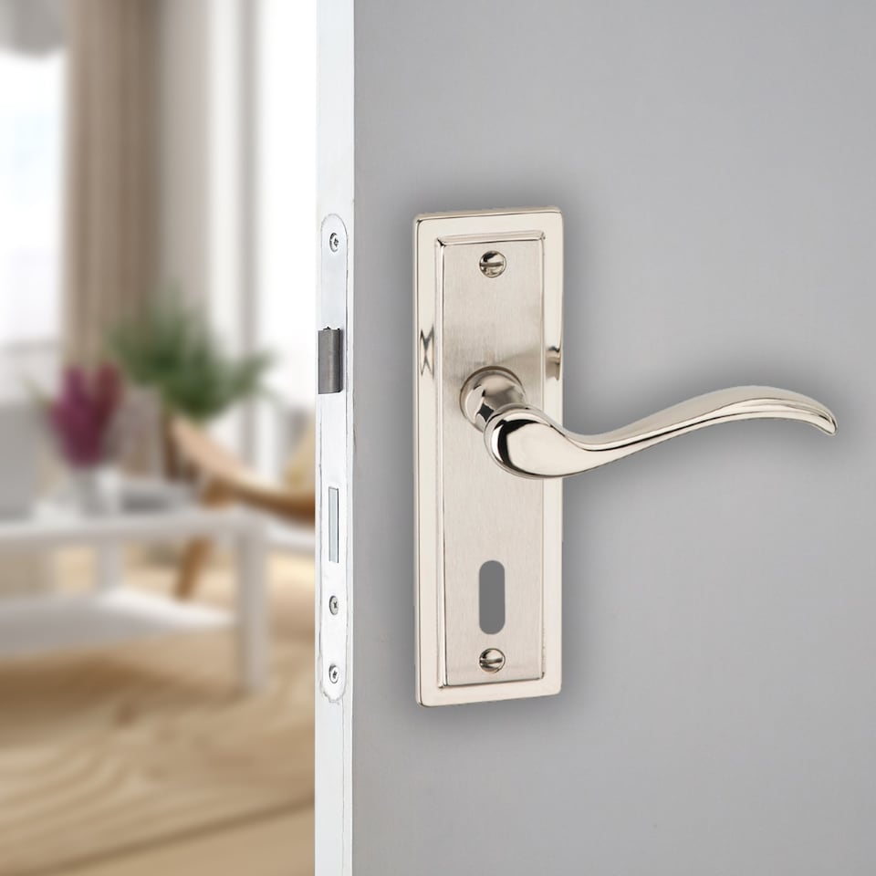 image 1 of Urfic Porto Metal Lever Latch Door Handles Set Round Rose Internal & External | Silver | Satin Nickel Keyhole