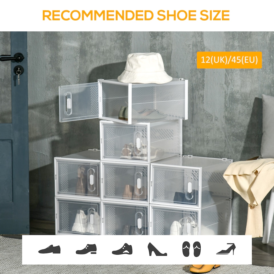 image 1 of HOMCOM 8PCS Clear Shoe Box, Plastic Stackable Shoe Storage Box for UKEU Size up to 1246 with Magnetic Door for WomenMen, 28 x 36 x 21 cm | Clear