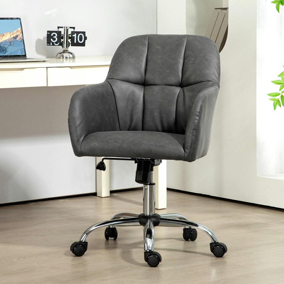 image 1 of HOMCOM Computer Desk Chair with PU Leather, Swivel Wheels, Grey