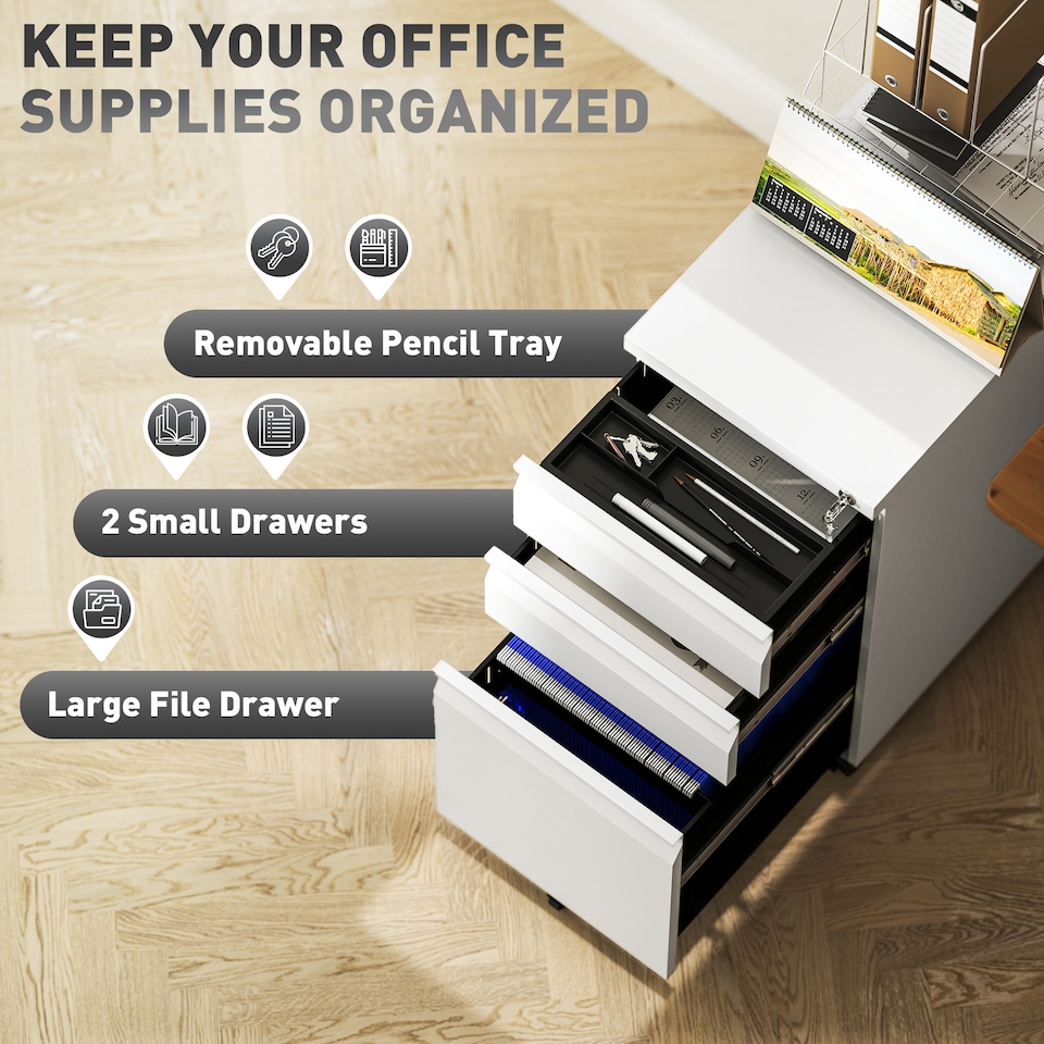 image 1 of Vinsetto 3-Drawer Filing Cabinet with Lock, Mobile Steel File Cabinet for A4, Under Desk Drawers with Pre-Assembled Body for Home Office | White | White