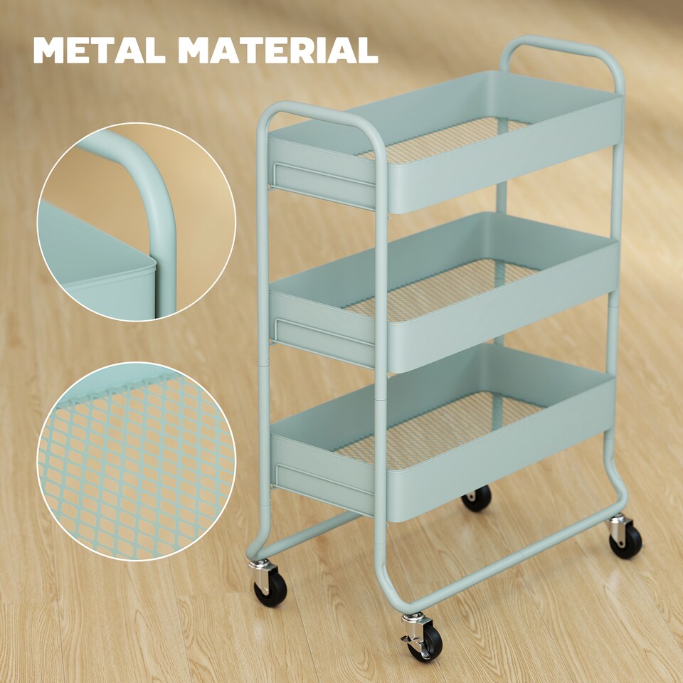 image 1 of HOMCOM 3-Tier Storage Trolley on Wheels, Rolling Utility Cart with Mesh Backets, Mobile Storage Cart for Kitchen, Bathroom, Bedroom, Light Green | Green | Green
