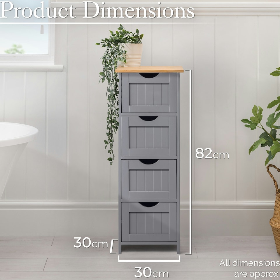 image 1 of Christow Grey Bathroom Drawer Unit Floor Storage Cabinet With Bamboo Top
