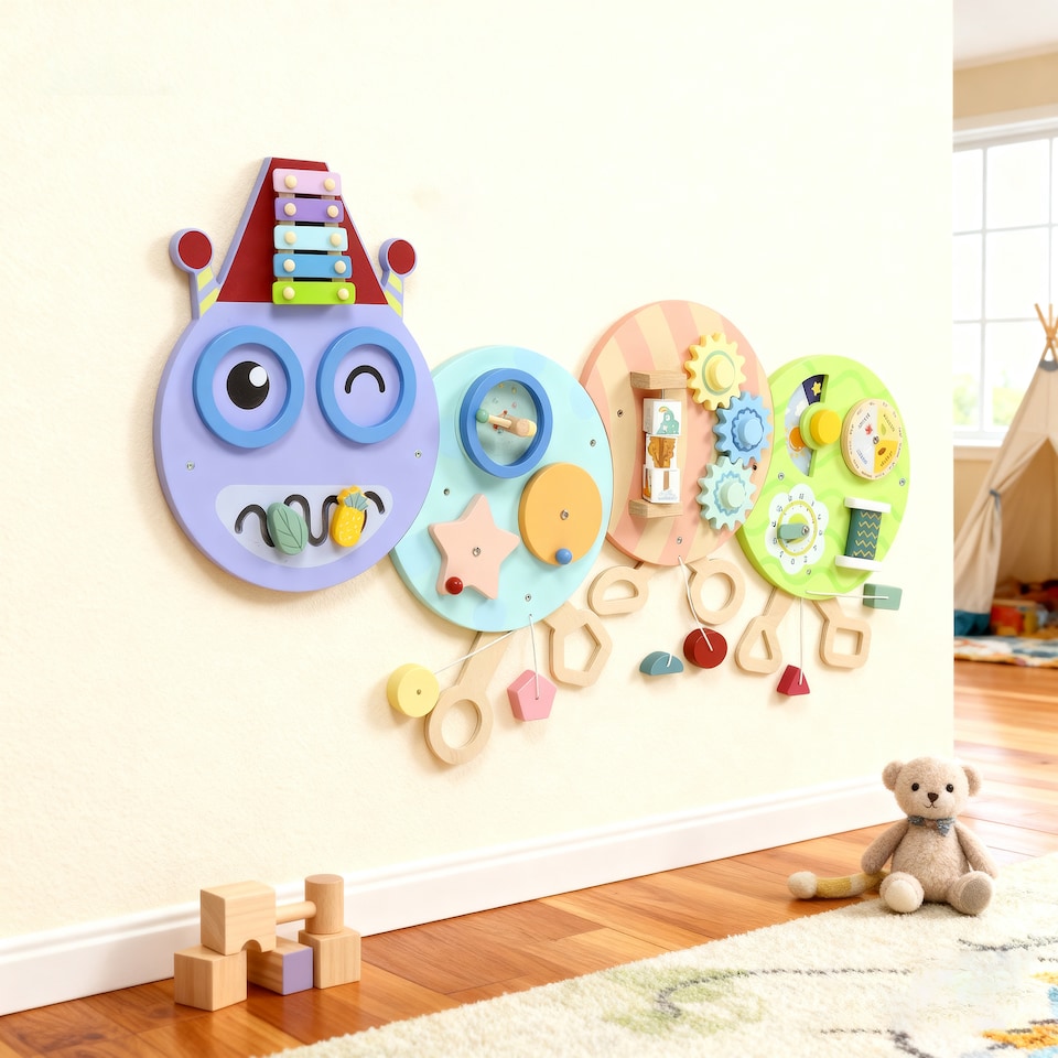 image 1 of AIYAPLAY Caterpillar Busy Board, 7 Activities, Sensory Wall Panels for Toddlers, Learning Toys with Xylophone for Nursery, Playroom, Home, Gift for Early Development and Educational