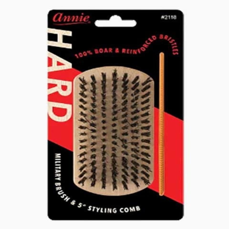 image 1 of Annie Hard Wood Military Boar Bristle Brush With 5 Styling Comb 4.8in 2118