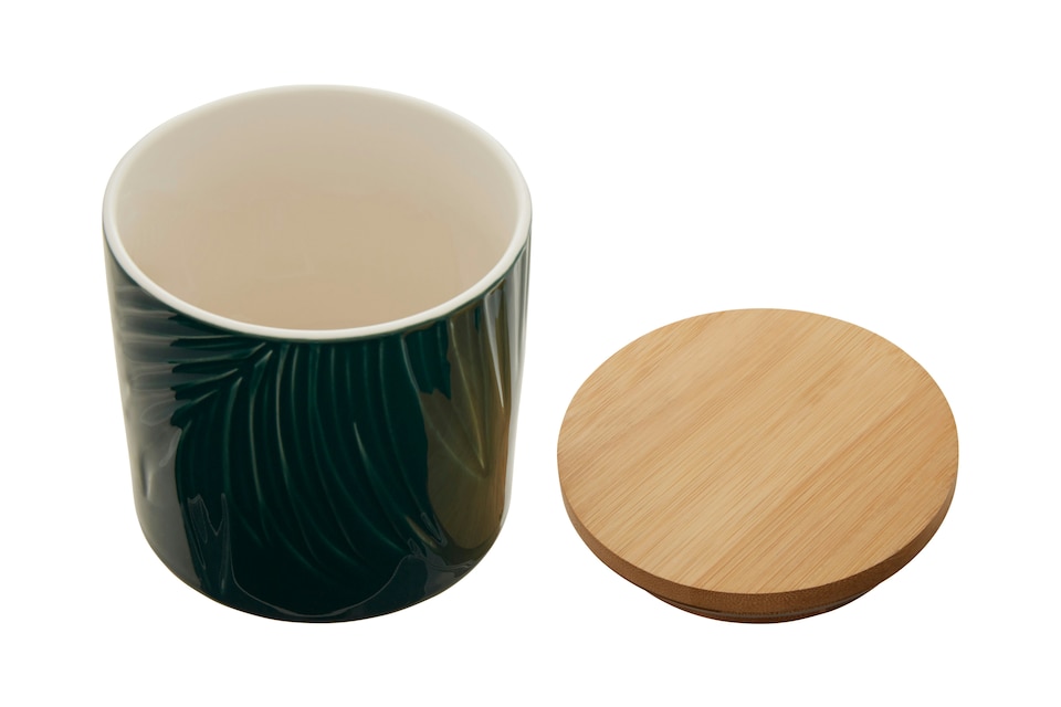 image 1 of Interiors By Premier Dark Green Small Storage Jar With Bamboo Lid,Porcelain Jar With Embossed Leaf Texture,Perfect Kitchen Jar