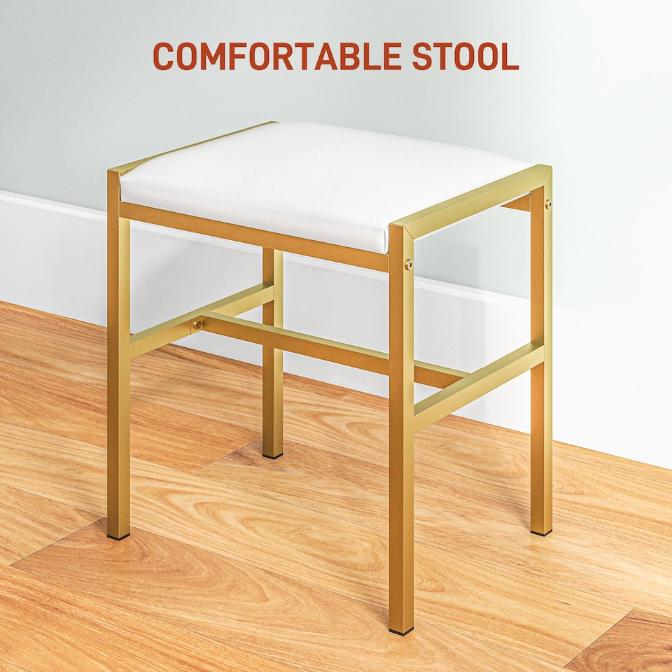 image 1 of HOMCOM Dressing Table with Lighted Mirror, Cushioned Stool, Drawers, Shelves, LED Makeup Vanity Desk Set, Modern Dresser Vanity Table for Bedroom, White