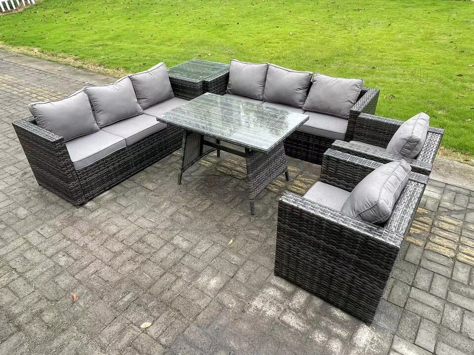 image 1 of Fimous Rattan Outdoor Furniture Sofa Garden Dining Set with Patio Dining Table 2 Armchairs Side Table 8 Seater Dark Grey Mixed
