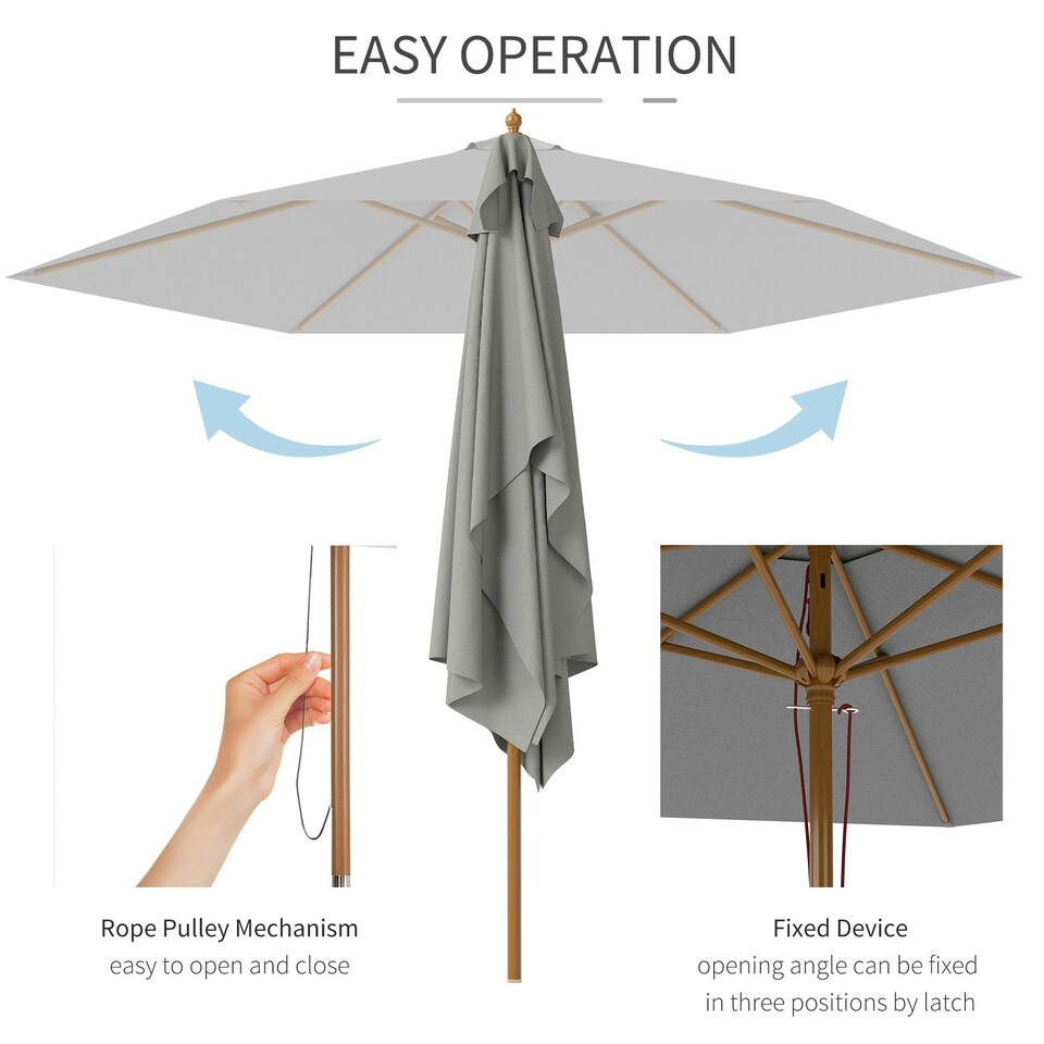 image 1 of Outsunny 2.5m Wood Garden Parasol Sun Shade Wooden Umbrella Canopy Grey | Light Grey