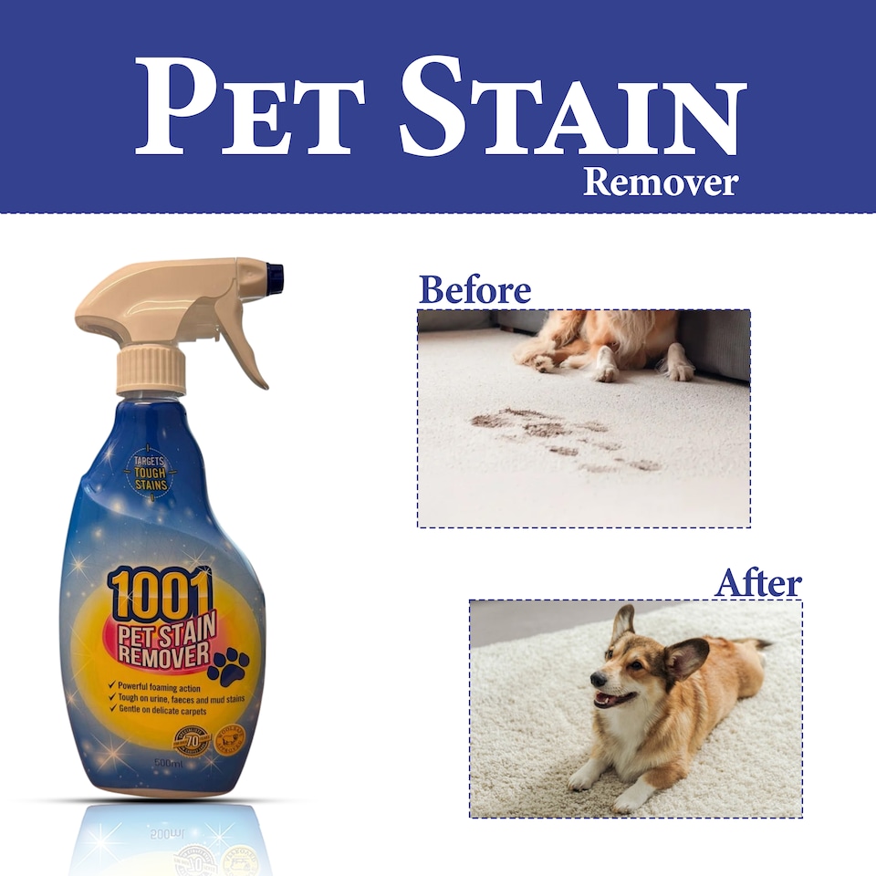 image 1 of 1001 Carpet and Pet Stain Remover Spray Set 500ml Gentle Deep-Cleaning for Rugs Upholstery and WoolSafe Floors
