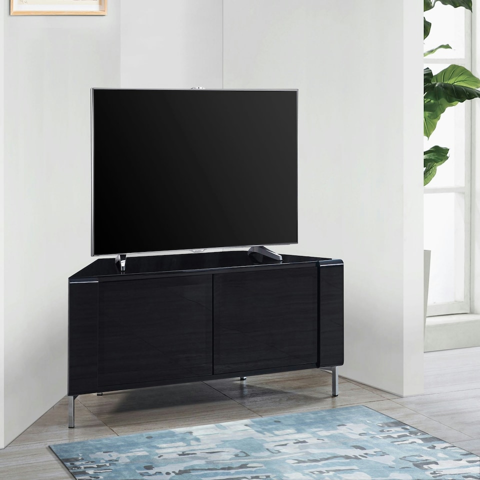 image 1 of MDA Designs CORVUS Corner-Friendly Gloss Black Contemporary Cabinet with BeamThru Glass Doors Modern Space-Saving Stand for Flat Screen TVs up to 50" Black