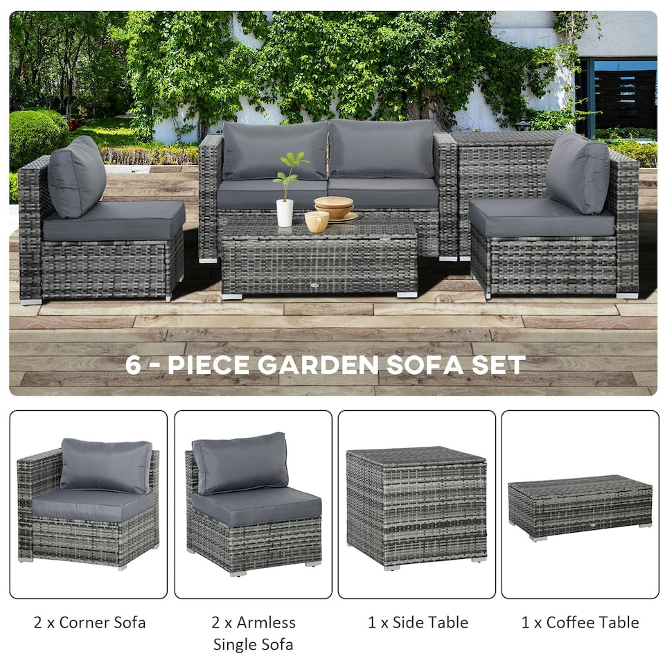 image 1 of Outsunny 6Pcs Rattan Sofa Set Garden Sectional Garden Wicker Furniture Cushion