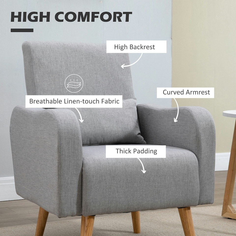 image 1 of HOMCOM Nordic Leisure Lounge Sofa Accent Chair with Pillow for Bedroom Grey