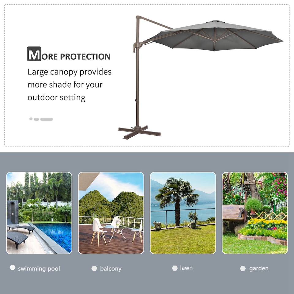 image 1 of Outsunny 3m Cantilever Parasol 360 Rotation Roma Umbrella Hanging Sun Shade with Aluminium Frame, Tilt Crank, 8 Ribs and Cross Base, Dark Grey