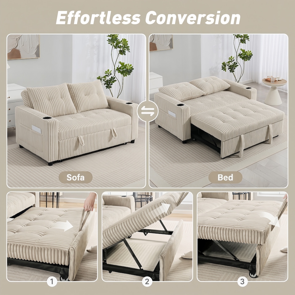 image 1 of HOMCOM Corduroy Click Clack Sleeper Sofa with Pull Out Design, Cream White