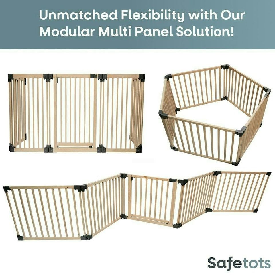 image 1 of Safetots Wooden Multi Panel Room Divider, up to 216cm, Natural Wood, 76cm Tall, Multi Panel Flexible Room Barrier, Room Divider with Door for Baby Cream | Natural