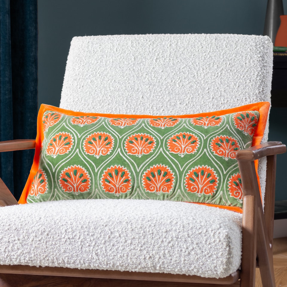image 1 of Paoletti Embroidered Cushion, Peridot/Orange, 30 x 60cm
