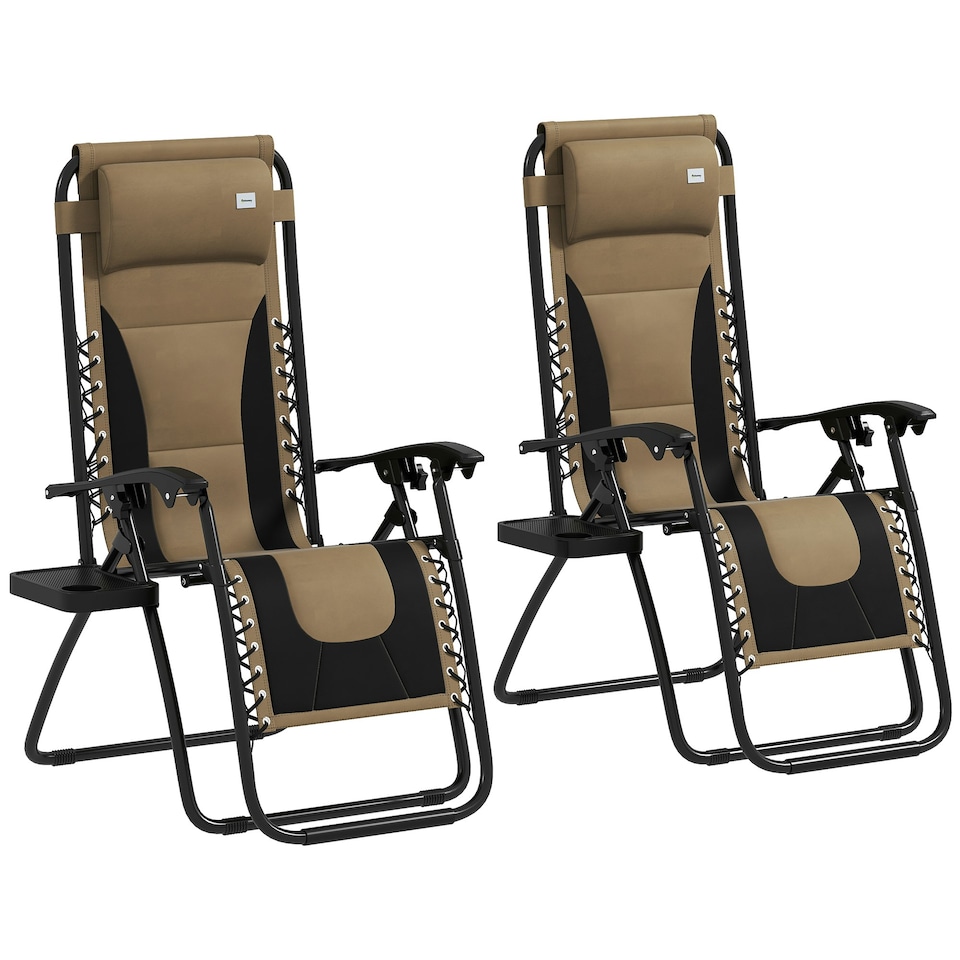 image 1 of Outsunny 2 Pcs Zero Gravity Lounger Folding Recliner Chair Cup Holder Brown