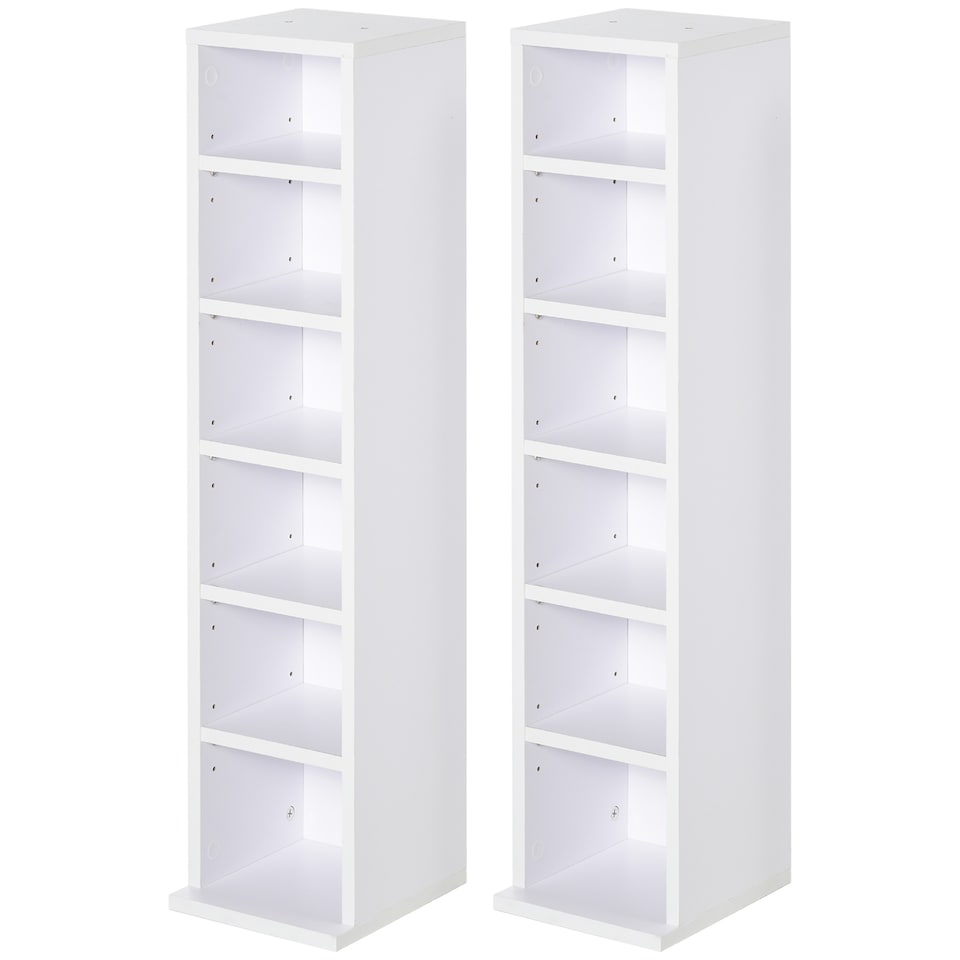 image 1 of HOMCOM 204 CD Media Display Shelf Unit Set of 2 Blu-Ray Tower Rack w  Adjustable Shelves Bookcase Storage Organiser, White