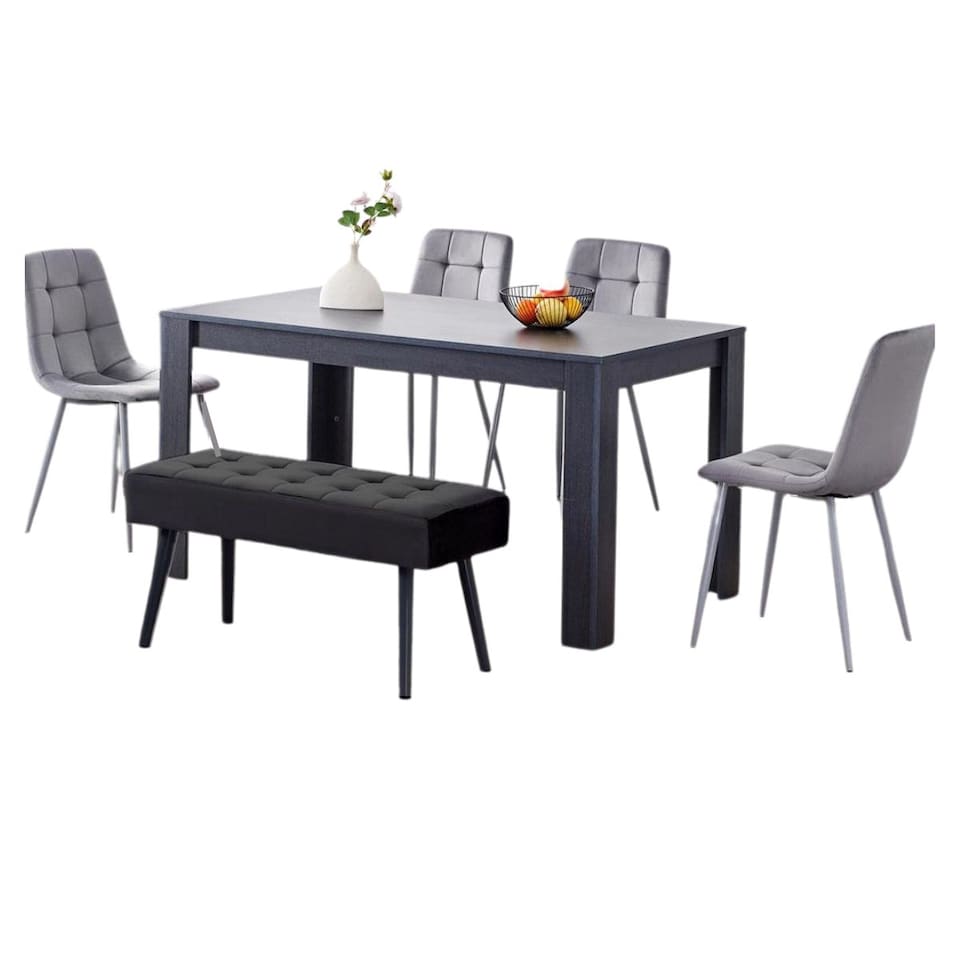 image 1 of Modern Grey Rectangle Dining Table Set With 4 Grey Velvet Chairs And 1 Black Bench Dining Room Furniture