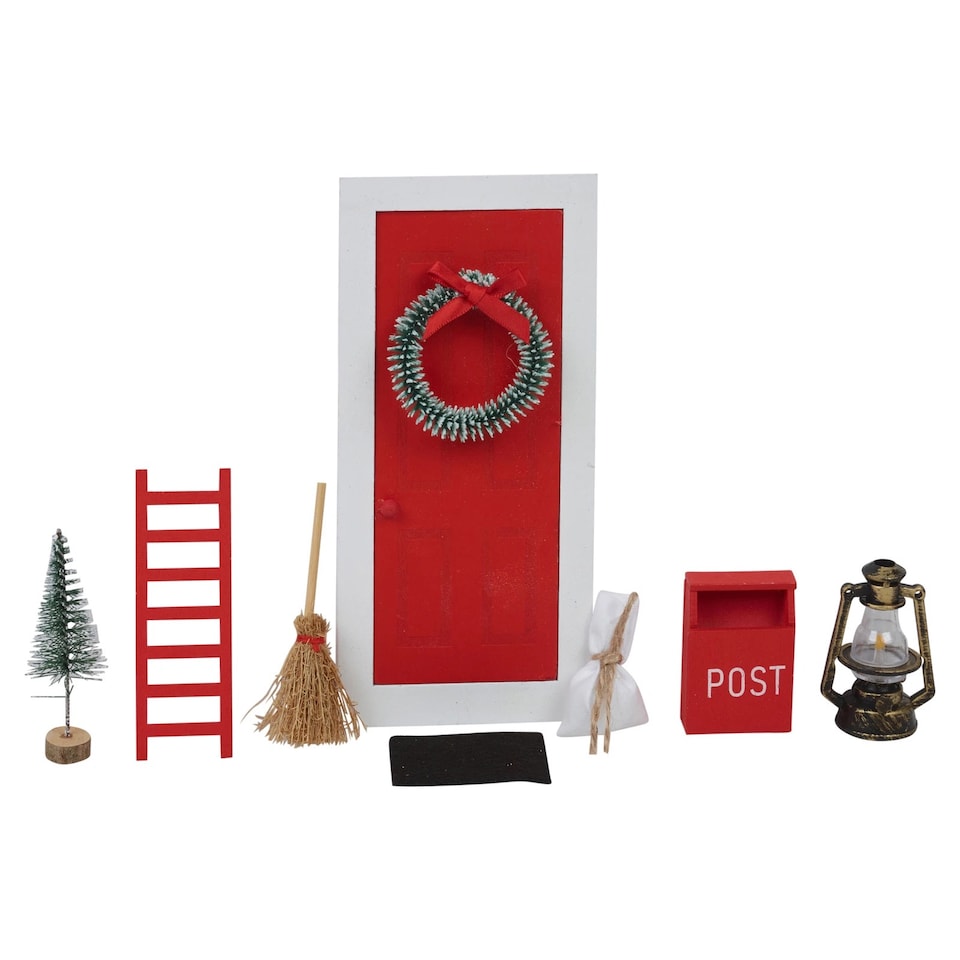 image 1 of 9Pcs Miniature Wooden Elf Christmas Village Scene Red & White Door Decoration | Multi | Multicoloured | Lamp Post
