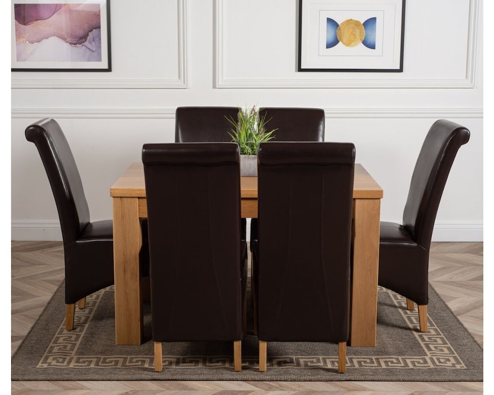 image 1 of Dakota 127 x 82cm Oak Small Dining Table and 6 Montana Leather Chairs | Brown | Brown