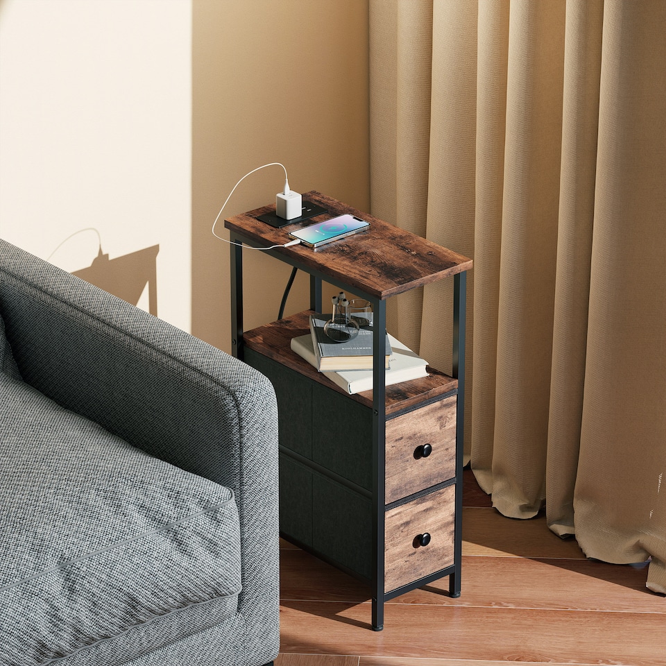image 1 of HOMCOM Side Table, Narrow Bedside Table with Charging Station, 2 Drawers | Brown | Rustic Brown