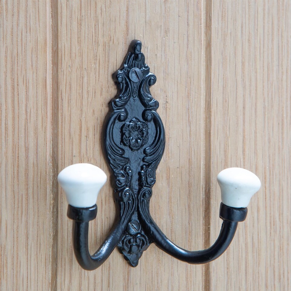 image 1 of Hammer & Tongs Ornate Double White Ceramic Coat Hook - W100mm x H115mm - Black | Black | Black | One Size