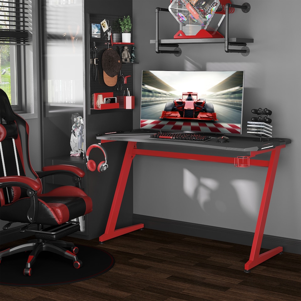 image 1 of HOMCOM 142 x 66 cm Gaming Desk, Carbon Fibre Covered Computer Desk, Gamer Workstation with Headphone Hook, Cup Holder and Gamepad Storage Rack, Black and Red