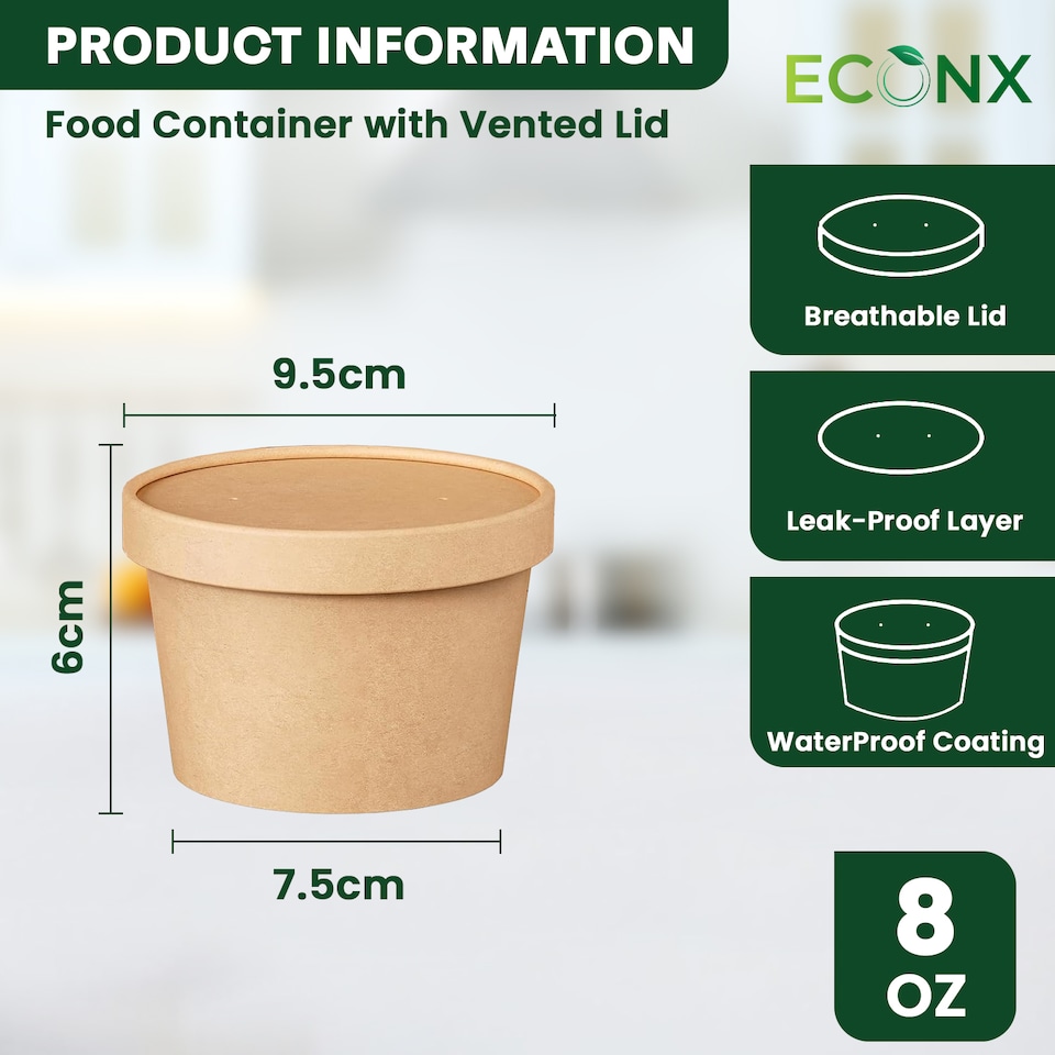 image 1 of ECONX 8oz Disposable Paper Soup Cups Food Containers with Lids Takeaway Tubs 25pc