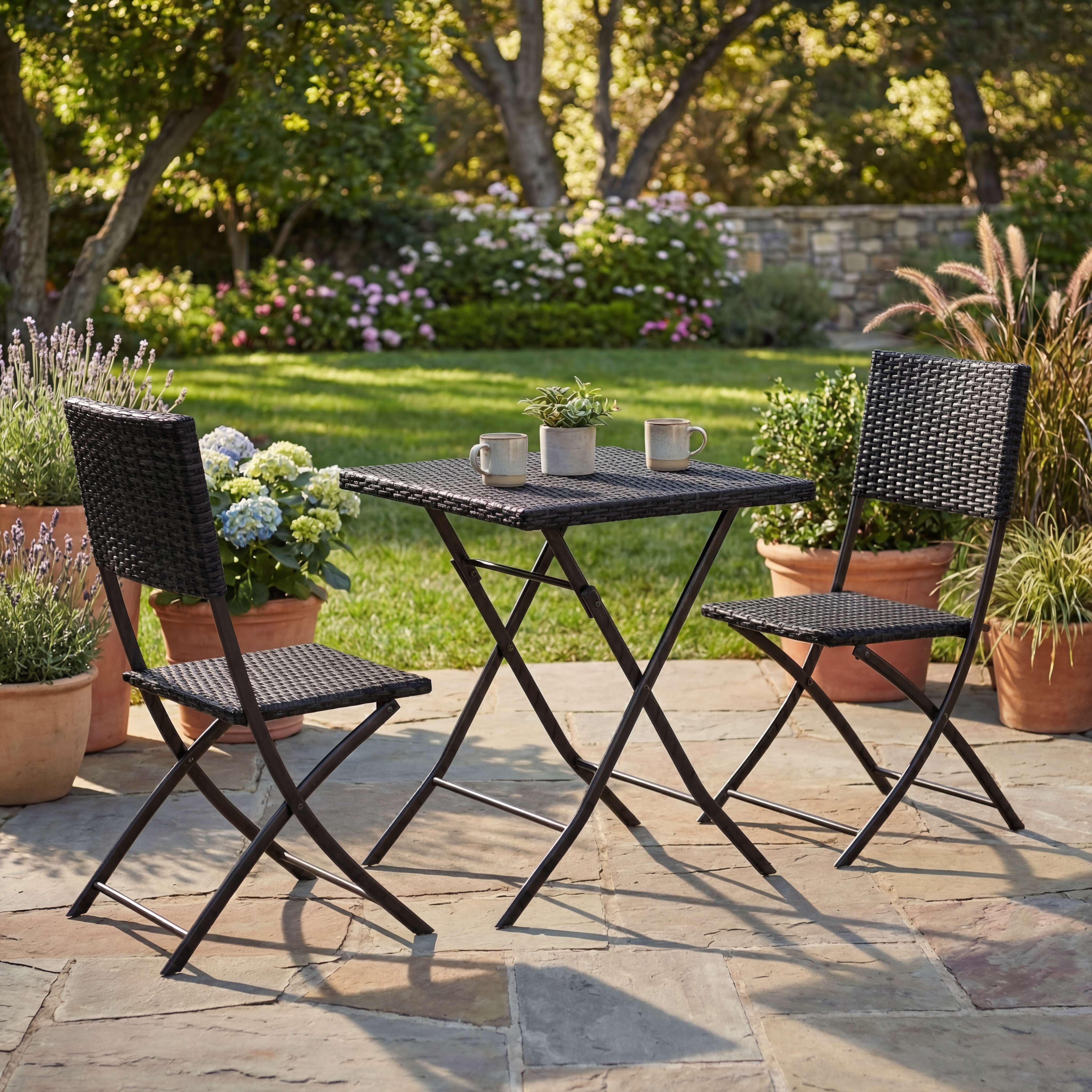 Garden Vida Capri 2 Seater Rattan Bistro Set Folding Table Chair No Assembly Required, Black