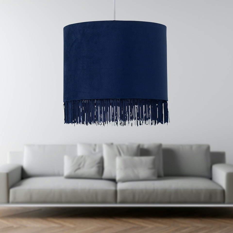 image 1 of First Choice Lighting Set of 2 Tassel Navy Blue Velvet with Chrome Inner Easy Fit 25cm Pendant Shades Blue | Chrome