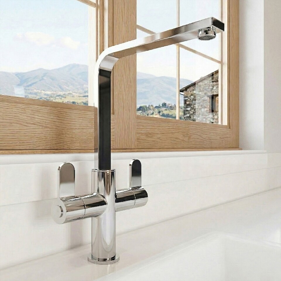 image 1 of Balterley Chara Kitchen Mono Mixer Tap with Dual Lever Handles, Curved Swivel Spout | Silver | Chrome | 1