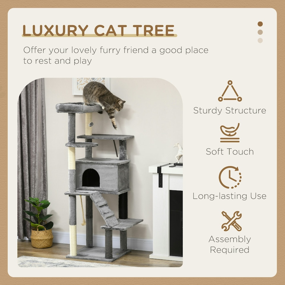 image 1 of PawHut Cat Tree with Scratching Post House Bed Toy for 2 Cats, 148cm, Grey