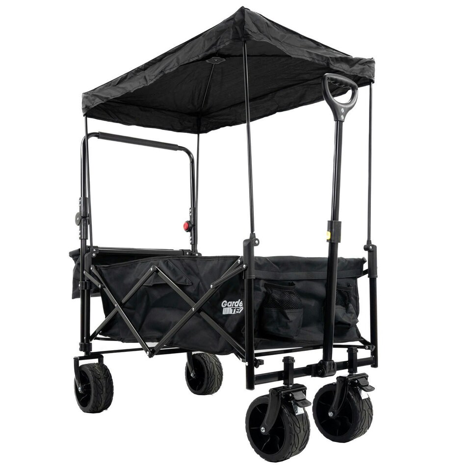 image 1 of GardenTek Garden Festival Trolley / Cart / Wagon with Wheels, Brakes, Canopy, Side Box, 90kg Load 120L Capacity | GTW330