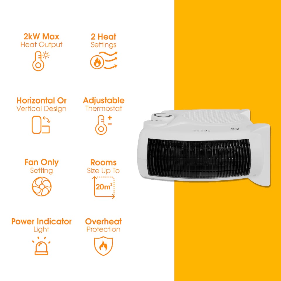 image 1 of Abode AFH1001 Electric Heater White 2000W Cooling Fan Mode with 2 Heat Settings