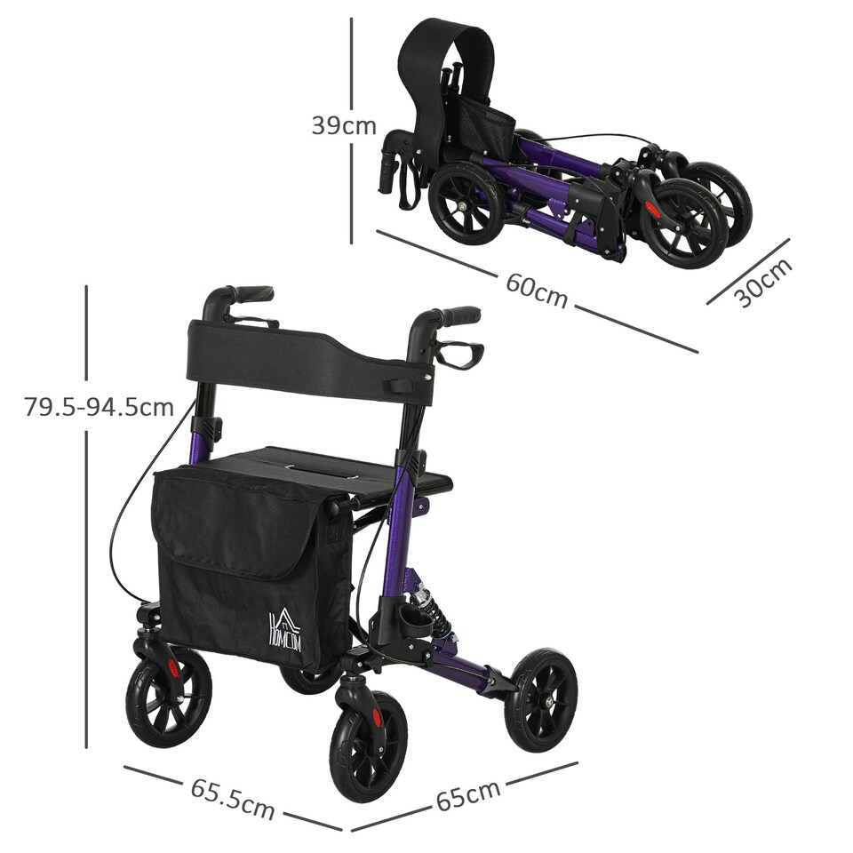 image 1 of HOMCOM Folding Rollator Walker with Seat, Backrest, Bag, 4 Wheels, Purple