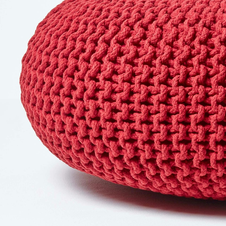 image 1 of Homescapes Red Large Round Cotton Knitted Pouffe Footstool | Red | 70 x 23 cm