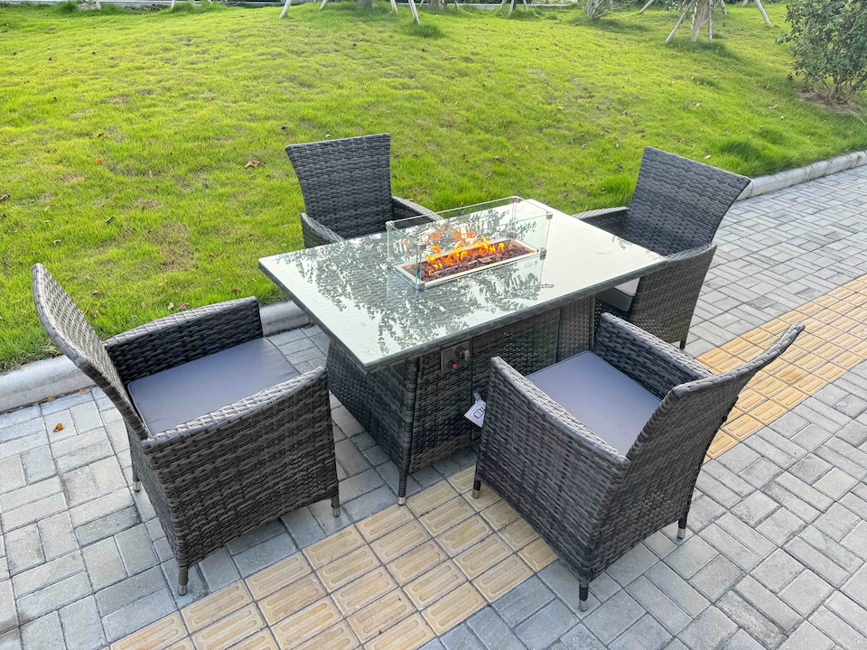 image 1 of Fimous Rattan Garden Furniture Dining Set 4-seater Patio Rectangular Gas Firepit Table Chairs Outdoor Dark Grey Mixed