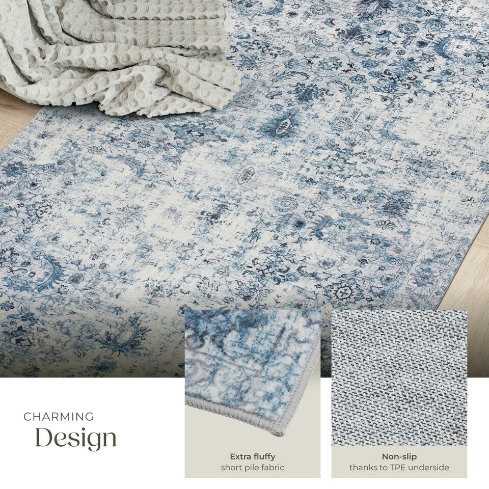 image 1 of Vintage Rug Amara - faded design, machine washable, short pile & non-slip underside Blue | 150 x 80 cm